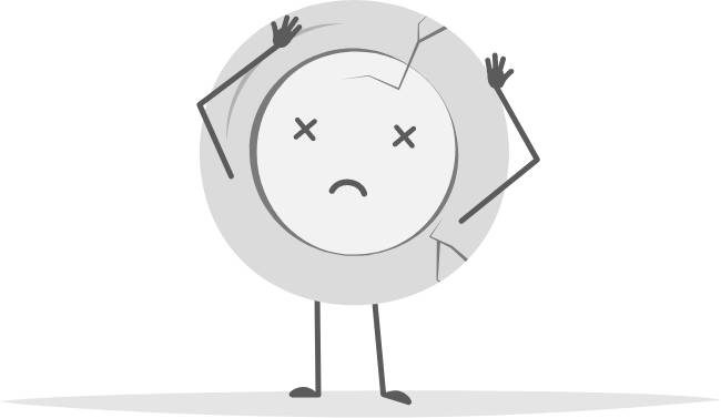 A cartoon plate character with cracks and crossed out eyes